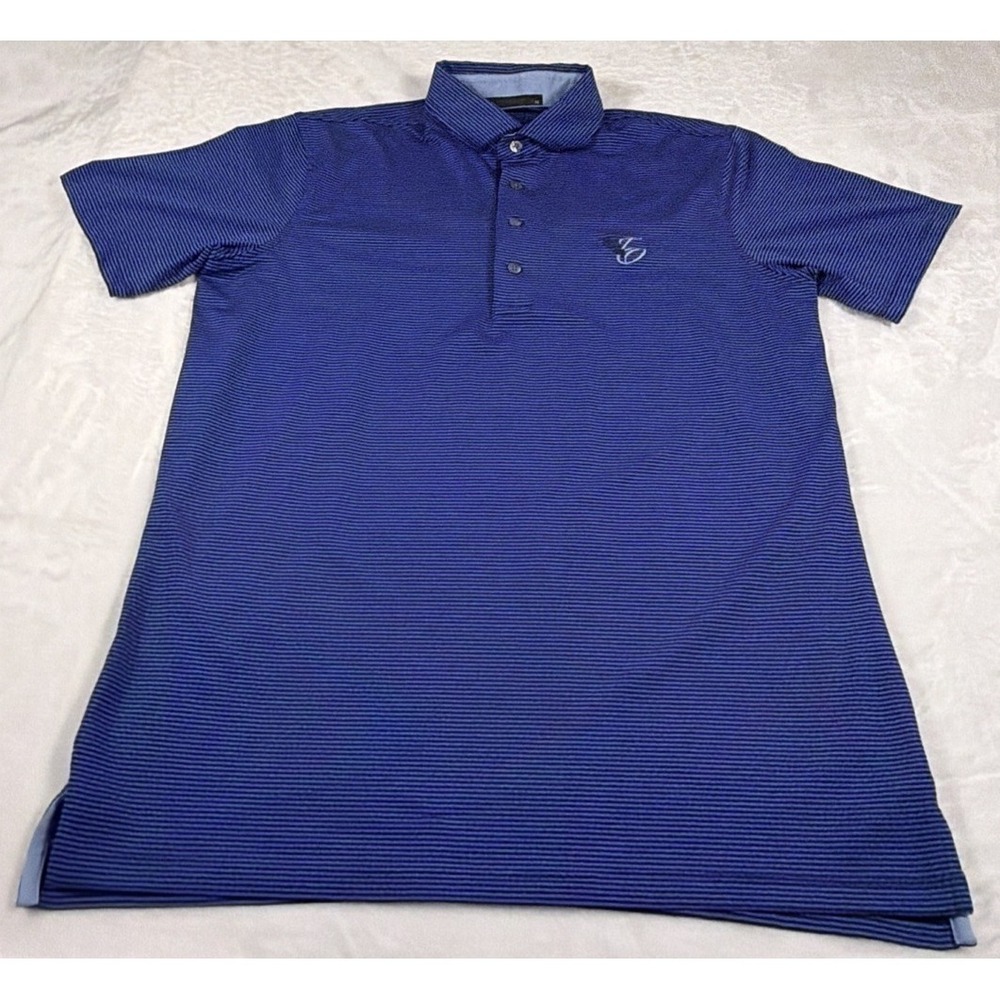Greyson Men's Medium Blue Black Striped Performance Golf Polo Shirt Club Crest